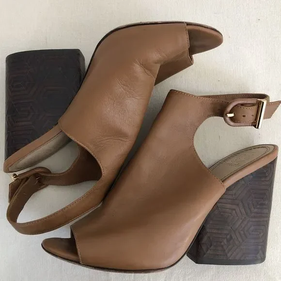 Tory Burch Slingback Shoes Saddle Leather Block Heel Peep Toe Mule Brazil Sz 7.5 - Picture 9 of 12
